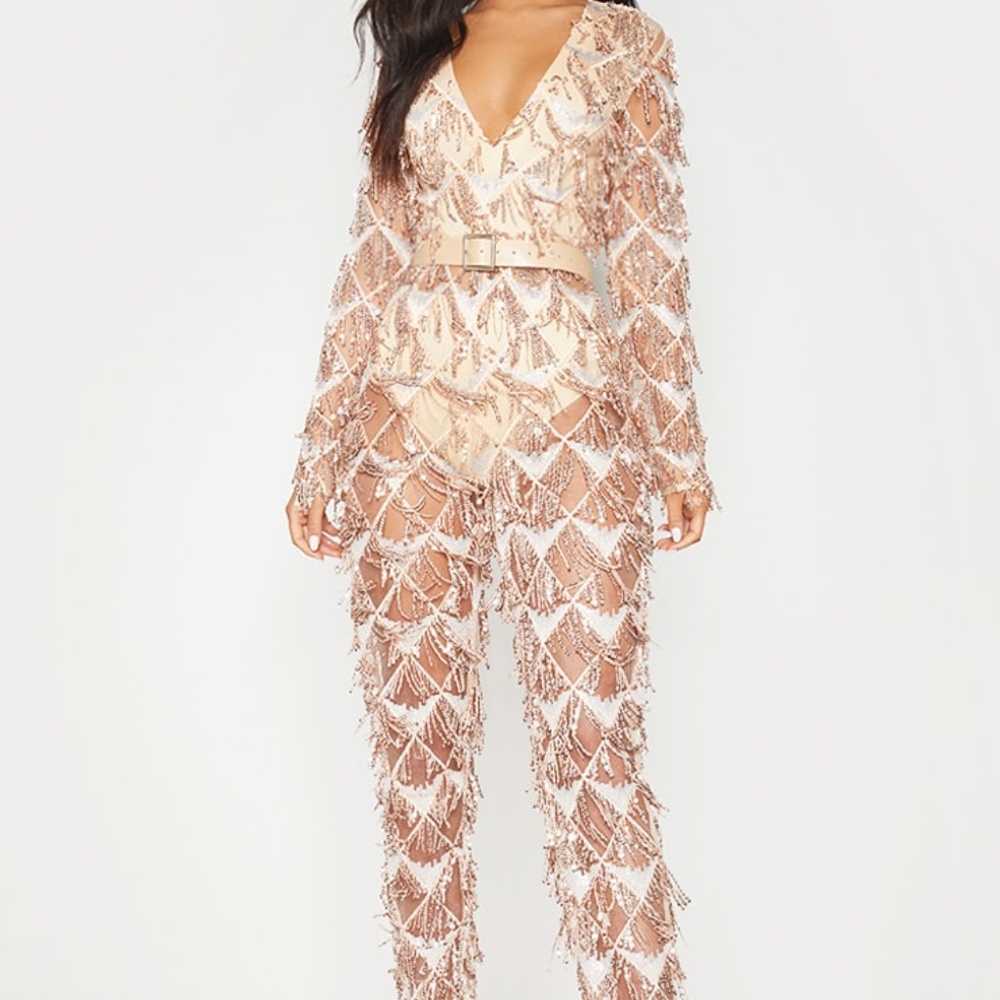ROSE GOLD TASSEL SEQUIN PLUNGE JUMPSUIT